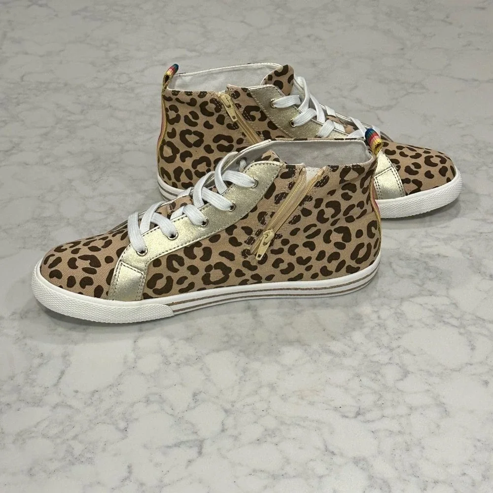 Mini Boden Girls Leopard Print High Top Sneakers Gold Trim Rainbow Zip Size 39